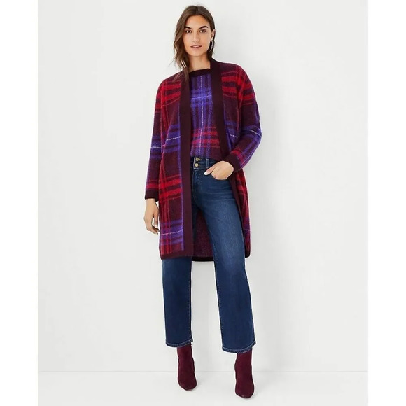 ANN TAYLOR Plaid Open Coatigan Women’s M Wool Blend Open Front Plaid Retail $149 - Picture 1 of 5